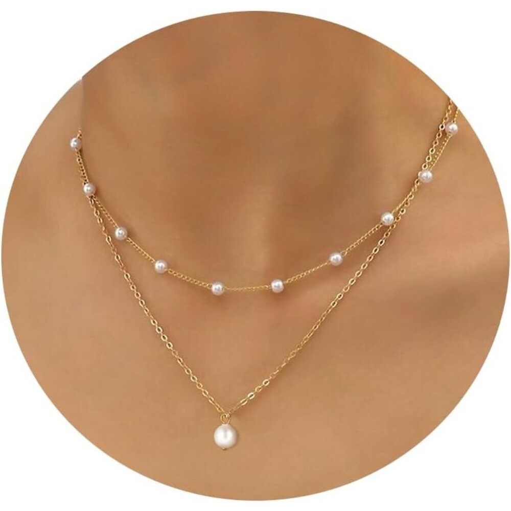💫 Women Herringbone Chain Pearl Necklace Gold Trendy Simple 14K Layered Jewelry